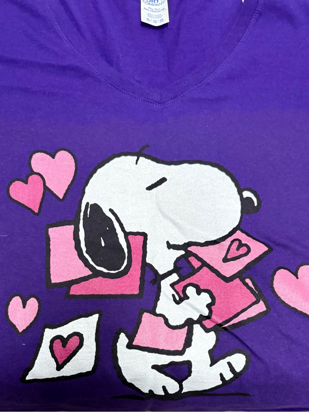 Purple Snoopy Valentine Tee with Pink Hearts. XL. NWOT - Picture 2 of 3